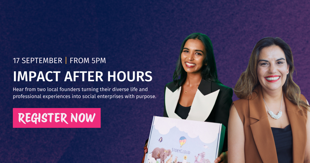 Impact after hours banner featuring Monisha Sami, founder of StoryCloud, and Lauren Cannell, founder of Artfullness Space and Educacion Diversa.
